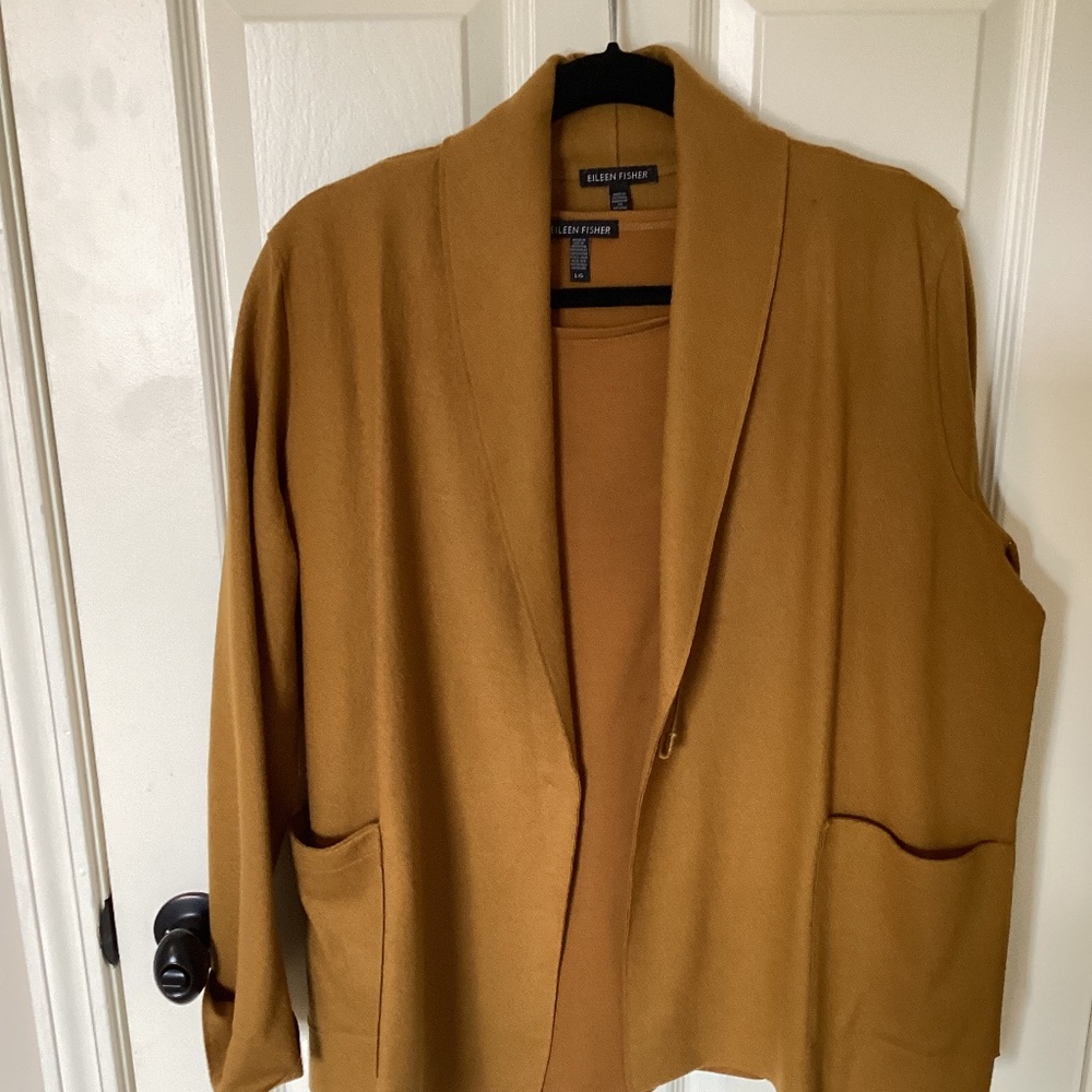 Eileen Fisher 100% Wool Flannel Gold Cardigan and matching tee